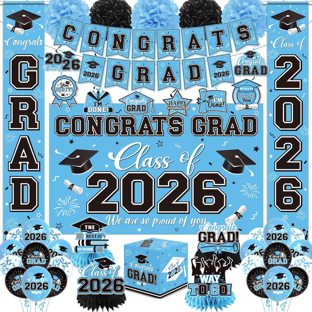 Graduation Decorations 2026 Light Blue Party Decor Set with Congrats Grad Banner