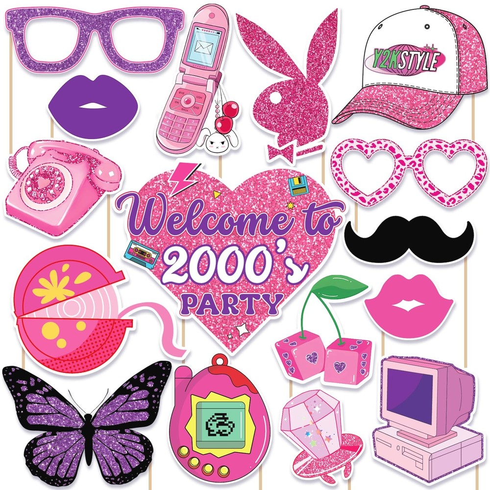 Y2K & 2000s Party Decorations Photo Booth Props Kit, Pink & Purple, Cardboard…