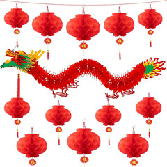13Pcs Chinese Decorations for Party, 1 3D Chinese Dragon & 12 Red Lanterns for C