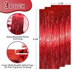 .x 6.6 ft Foil Fringe Backdrop Curtains, Tinsel Streamers Party 3 Red