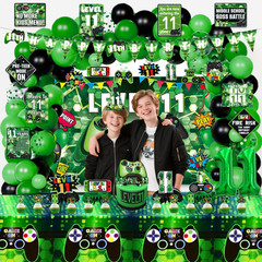 11Th Birthday Decorations for Boys, 149Pcs Green Video Game Level 11 Party Suppl