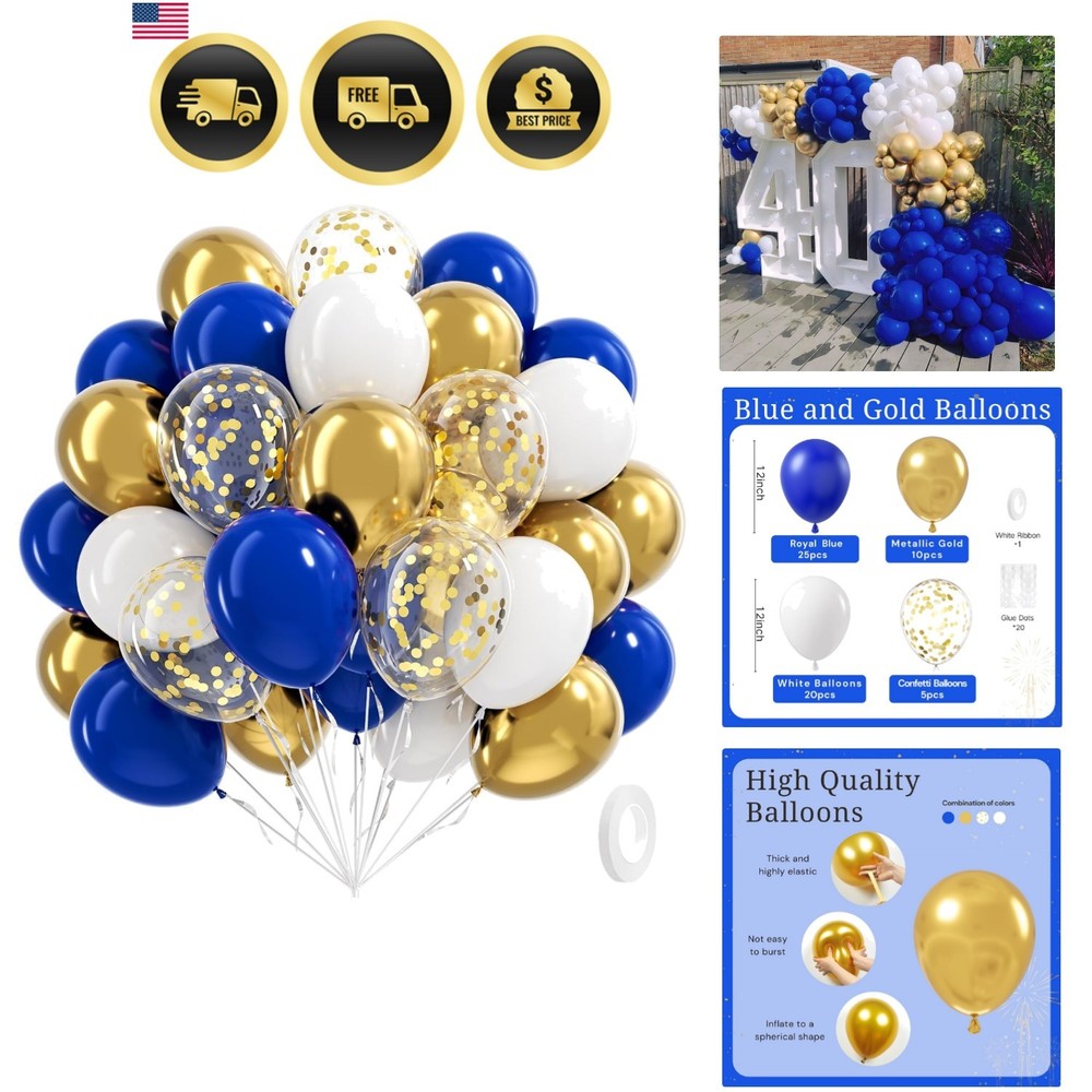 Royal Blue Gold White balloons, 60pcs 12 Inch Navy Blue Metallic Gold Confett…