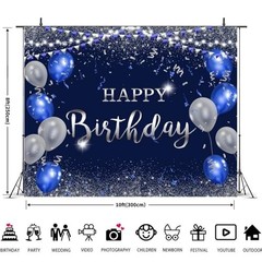 Navy Blue and Silver Happy Birthday Backdrop 10x8ft for Women Men Girls Boys