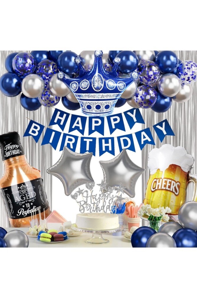 Navy Blue Birthday Party Decorations, Happy Birthday Banner, Fringe Curtain, Cak