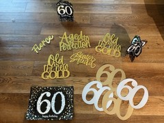 60th BIRTHDAY DECORATIONS – Black/Gold/Silver – 12 Pieces