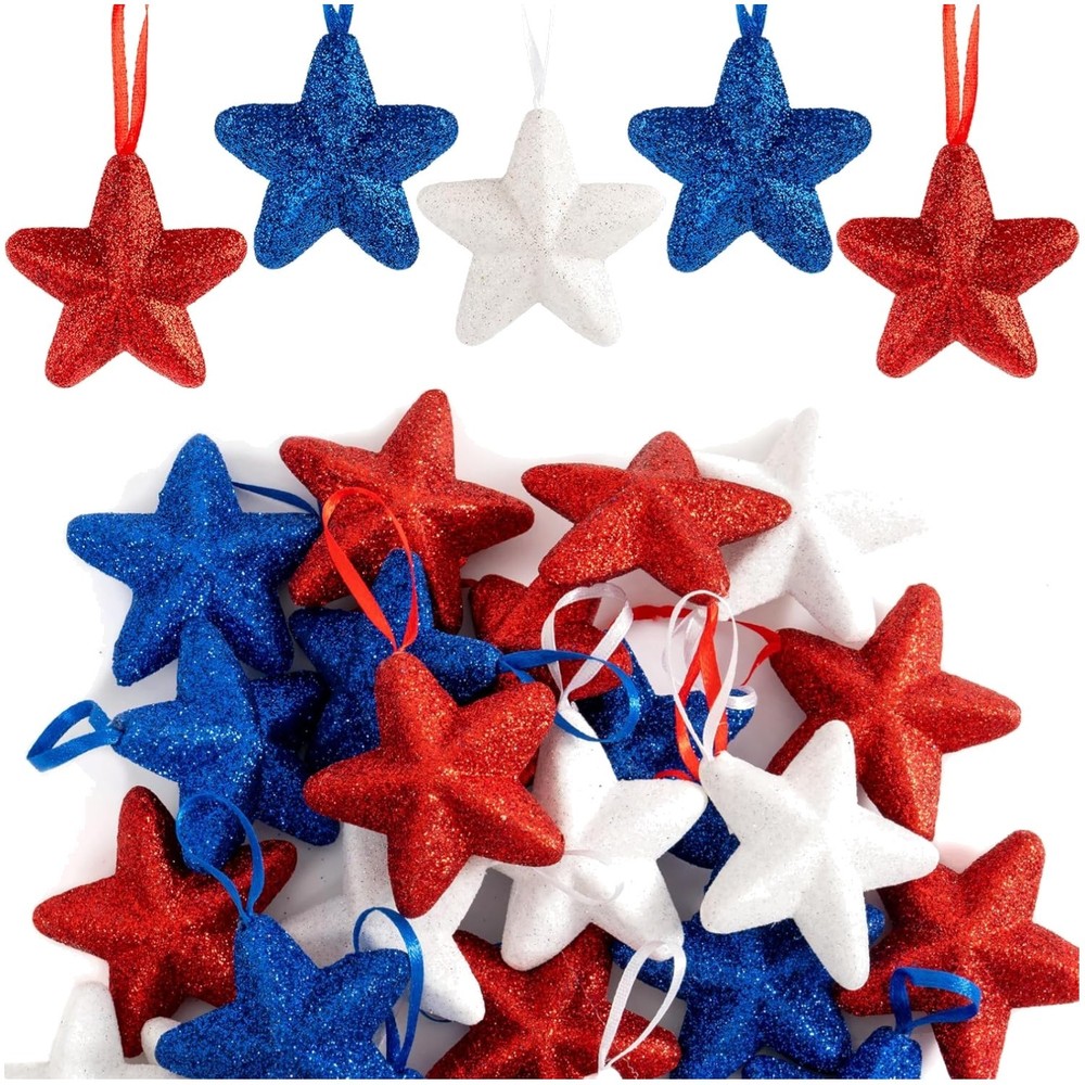Glittering 2.5-Inch Red, White, and Blue Star Ornaments for Memorial Day