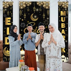 AIBIIN 3PCS Eid Mubarak Banners Decorations for Home Gold Black