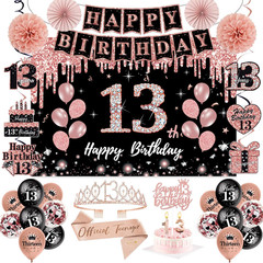 13Th Birthday Decorations for Girls,51Pcs PRE-STRUNG Rose Gold Black Party Set-1