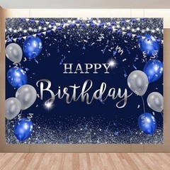 Navy Blue and Silver Happy Birthday Backdrop 10x8ft for Women Men Girls Boys