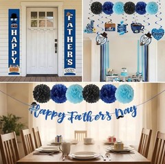 Fathers Day Decorations Kit Banner Swirls Pom-Poms Party Supplies Home
