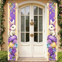 Happy Easter Porch Banner 12×71 inch White Bunny Porch Banner Set with Purple…