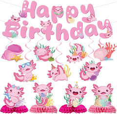 Axolotl Birthday Party Decorations – 12 Pcs Pink Cute Cartoon Animals Happy Birt