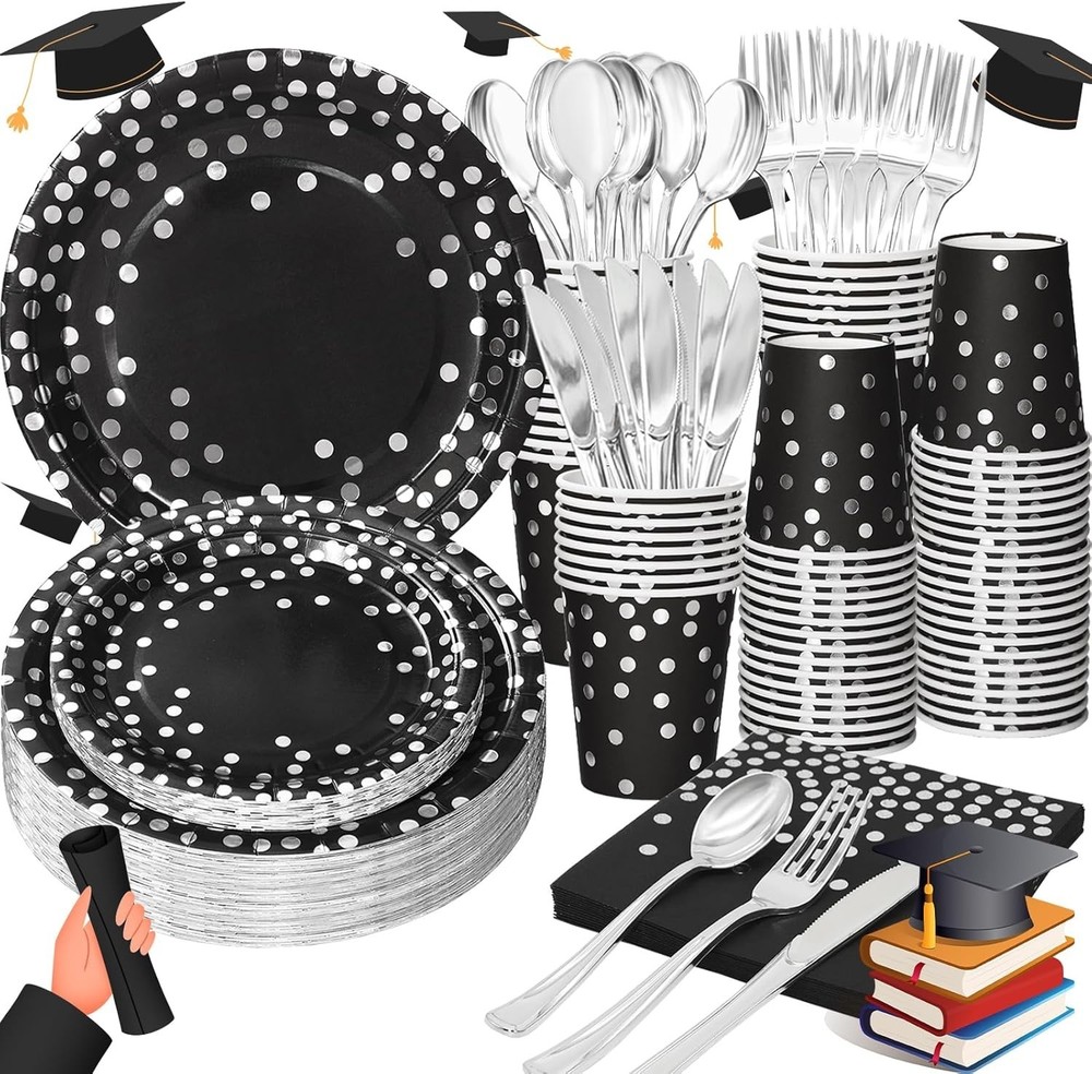 High-Quality Disposable Black and Silver Party Set – Easy Cleanup for 24 Guests