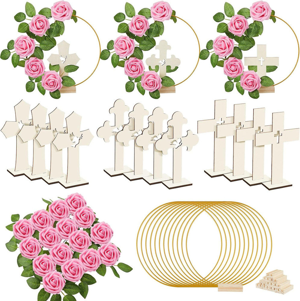 48 Pcs Baptism Centerpieces for Tables, 12 Wooden Cross Floral Hoop with Roses D