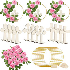 48 Pcs Baptism Centerpieces for Tables, 12 Wooden Cross Floral Hoop with Roses D
