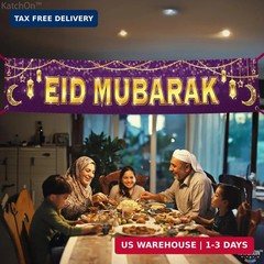 KatchOn, Large Eid Mubarak Banner – 120×20 Inch | Purple Eid Decorations for Hom