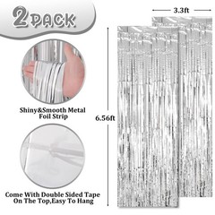 2 Pack Silver Tinsel Foil Fringe Curtains, Metallic, Streamers, Party, Backdrop