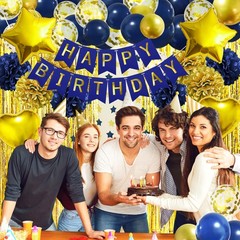 Birthday Party Decorations for Men, Navy Blue Gold Happy Birthday Banner Pomp…