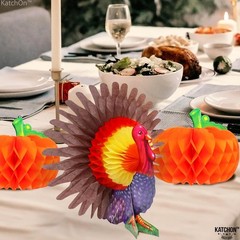 KatchOn, Paper Pumpkins and Turkey Centerpiece – Pack of 3 | Orange
