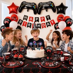 Video Game Birthday Decorations for Boys,Game Party Decoration with Red Black…