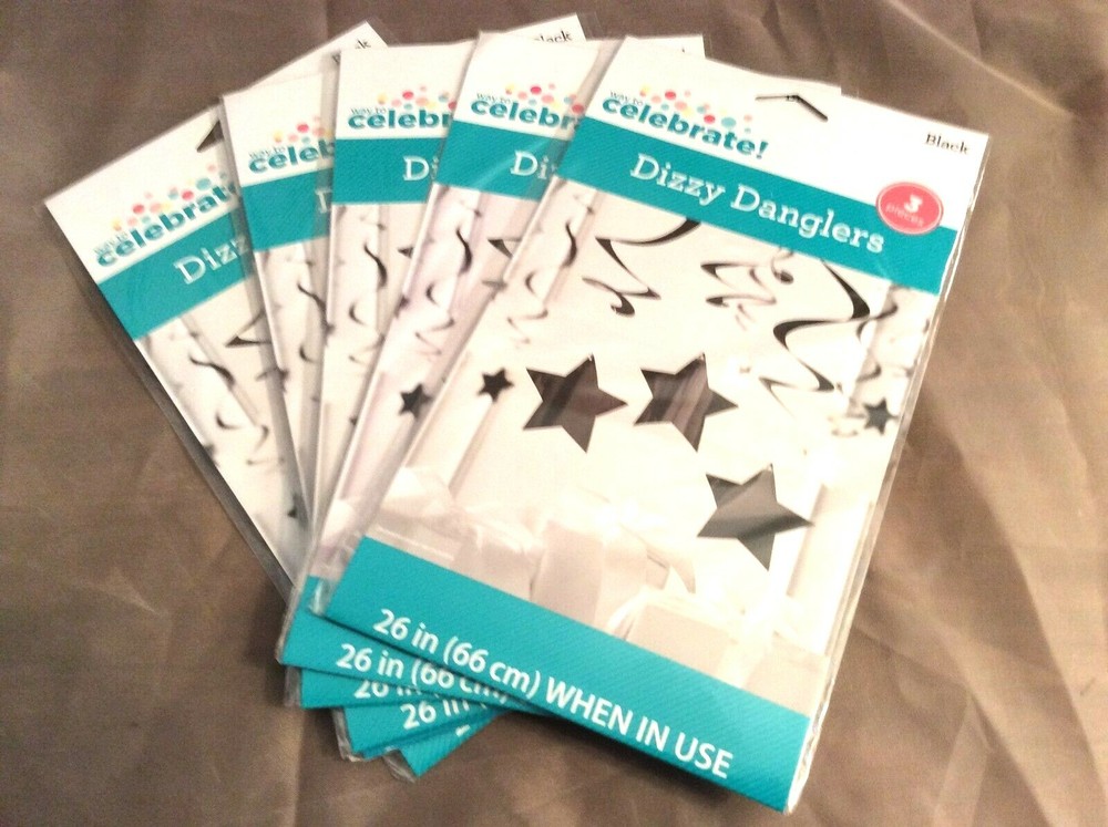 6 Black Stars Hanging Dizzy Dangler Decorations. 26″ When in Use. 3 pcs each