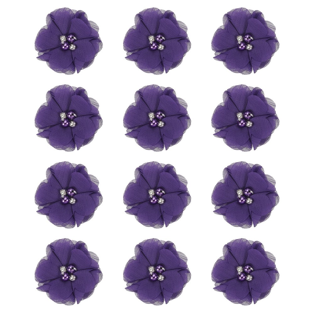 12Pcs 2″ Chiffon Flowers with Rhinestone Pearl Sewing Fabric Flower, Dark Purple