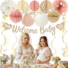 Boho Baby Shower Decorations Girl Pre-Strung Welcome Baby Banner Honeycomb Balls