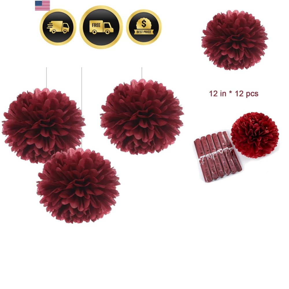 12″ Burgundy Tissue Pom Poms DIY Hanging Paper Flower Balls for Bridal Shower…