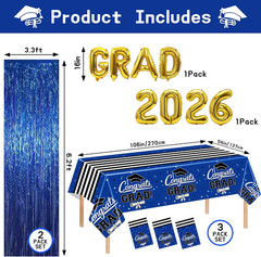 7-Pack Graduation Party Decorations Set, 3 Blue Graduation Tablecloths 54X108In,