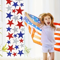 6 Sheets Glitter Stars Window Clings Patriotic Glitter Blue Red White Stars