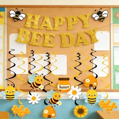 Bee Birthday Party Decorations,Glitter Happy Birthday Banner with Hanging Swi…