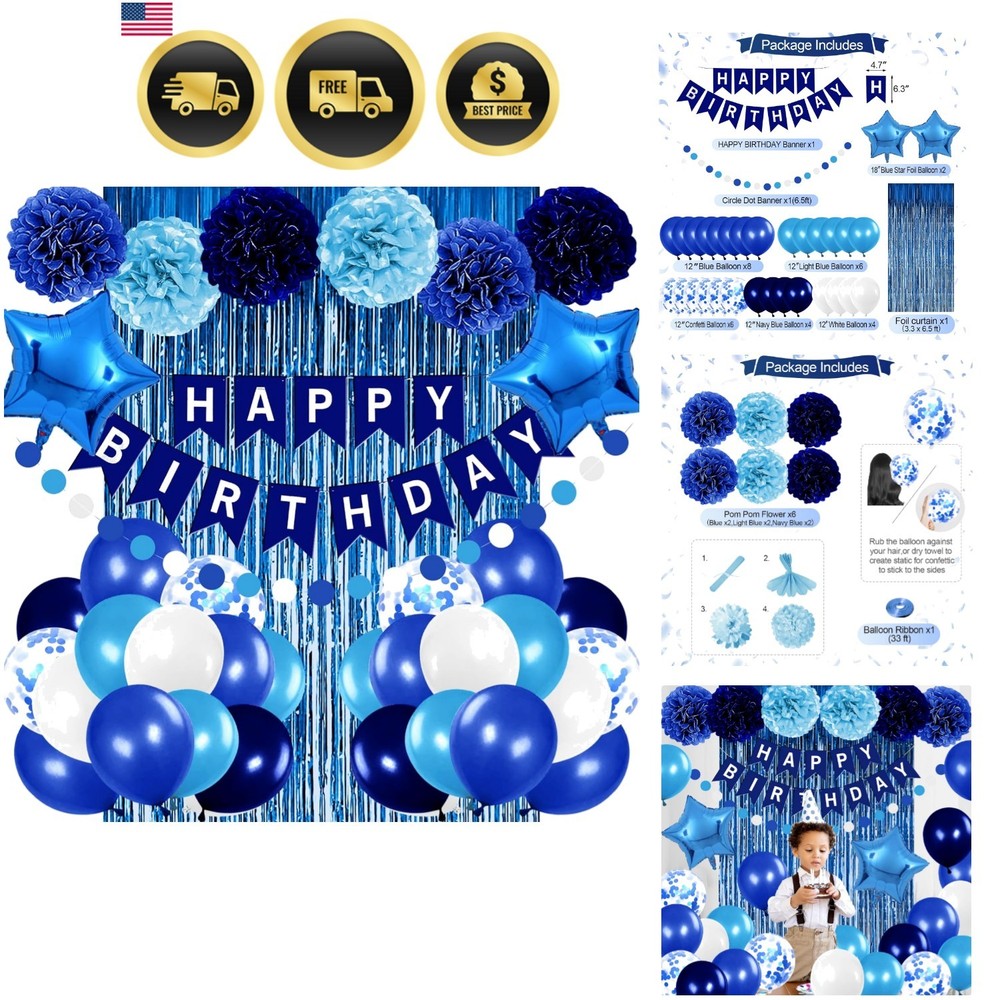 Blue Birthday Party Decorations Balloons Banner Curtain Pom Poms Banner Gifts