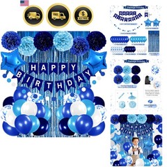 Blue Birthday Party Decorations Balloons Banner Curtain Pom Poms Banner Gifts