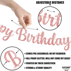 Glitter Rose Gold Cursive Happy Birthday Banner – Pre-Strung 10 Feet | Pink Happ