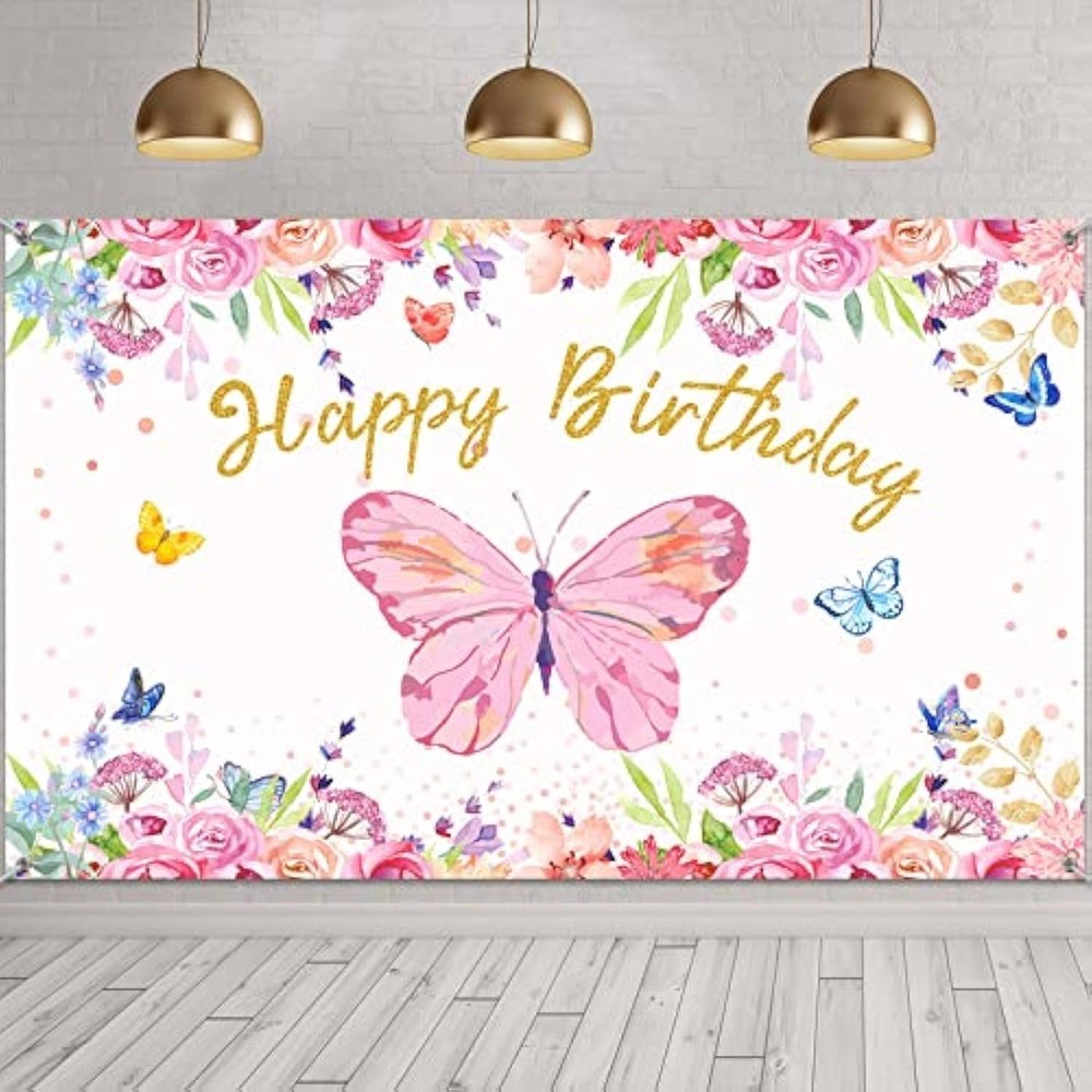 Butterfly Happy Birthday Backdrop 6x4ft Pink Butterfly Birthday Party Decoration