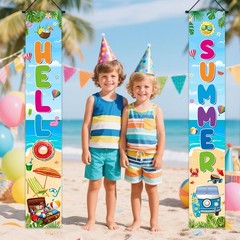Hello Summer Porch Sign Decorations Banner Tropical Beach Hawaiian Summer Doo…