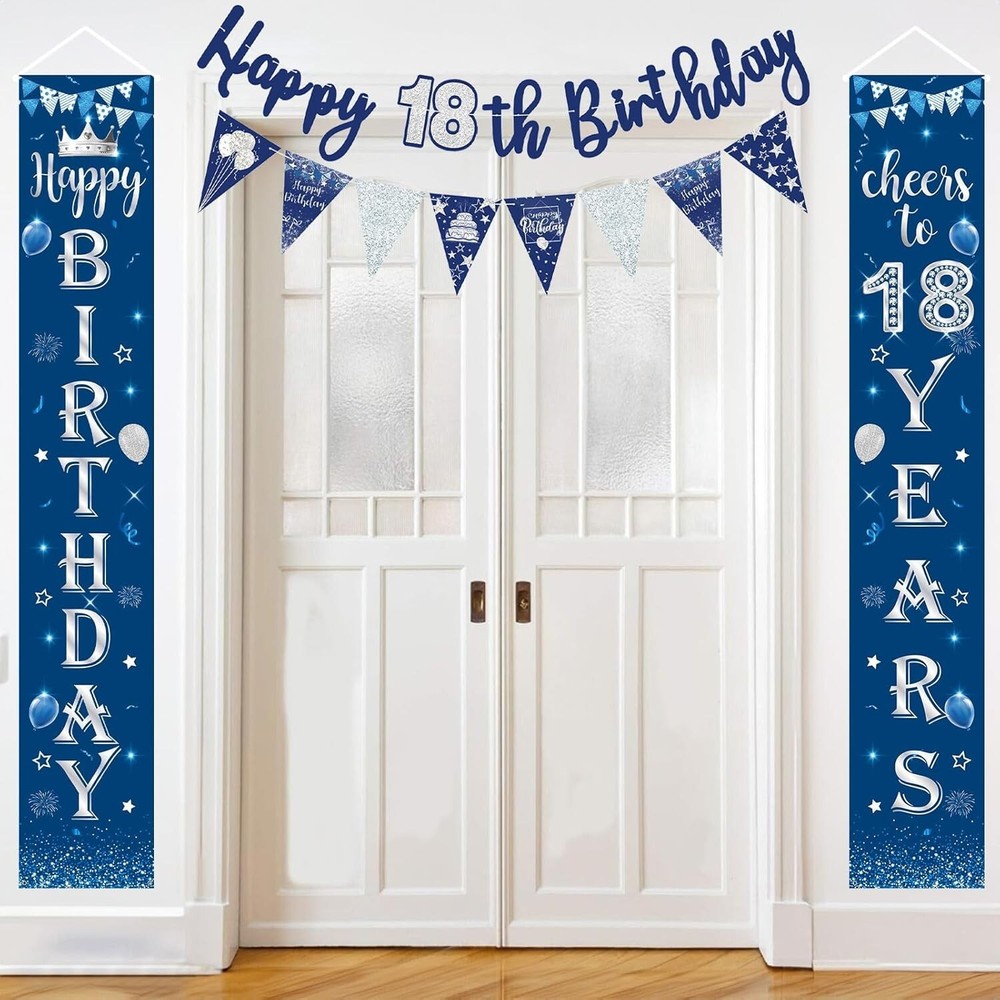 Blue Silver 18th birthday Party decorations Door Banner Porch Sign Bunting Flags
