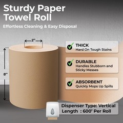 Restaurantware Paper Towel Roll 600′ x 8″ 1 Ply Universal Dispenser 2″ Core H…