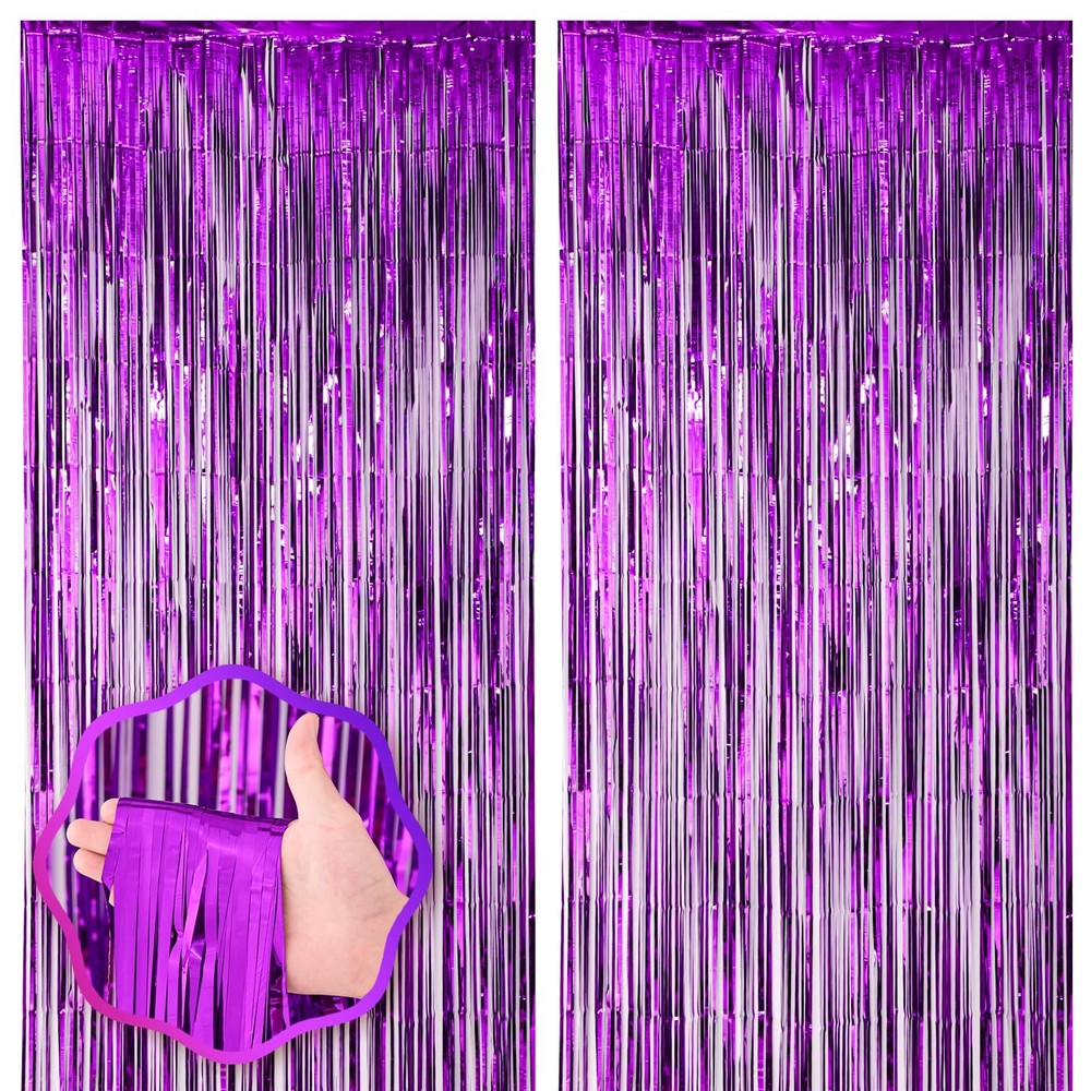 Voircoloria 2 Pack Purple Foil Fringe Backdrop Curtains, Tinsel Streamers