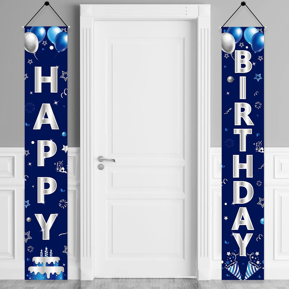 Blue Silver Happy Birthday Door Banner Decorations for Men Boys,Happy Birthday B
