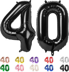 Number Balloons 40 in 40 Numbers, 40Th Birthday Decorations for Women Men, Black