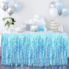 2 Pack Teal Blue Shiny Wavy Tinsel Foil Fringe Table Skirts Table Decorations