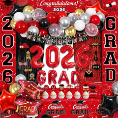 Party Spot！125 PCS Red and Black Graduation Party Decorations, 2026 Graduation P