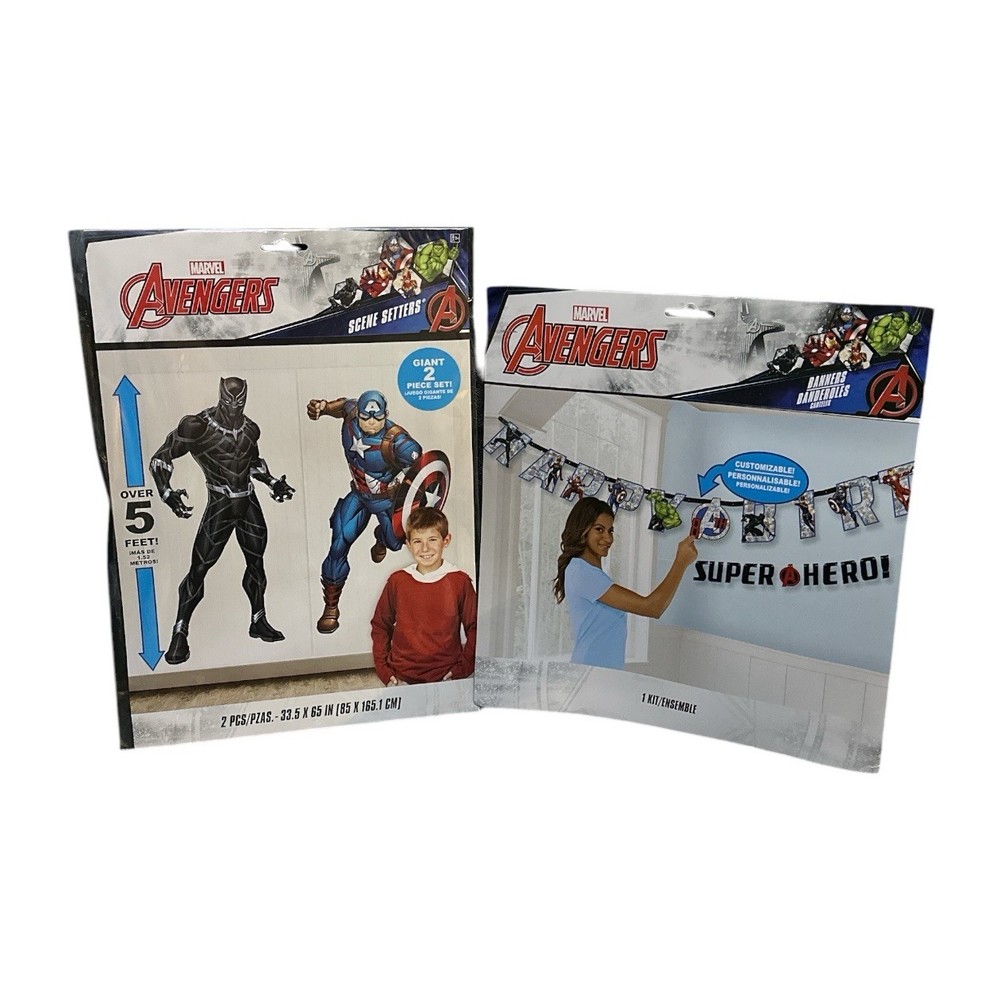 2 Avengers Marvel Birthday Banner & Large Backdrop Cpt America Black Panther 5ft