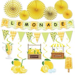 14pcs Lemonade Stand Party Decorations – Banners, Swirls, Paper Fans, Summer The