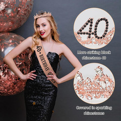 40Th Birthday Decorations for Women, Black Rose Gold 40Th Birthday Crown and Sas