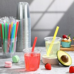 50 Sets Clear Cups with Flat Lids and Jumbo Smoothie Straws Disposable Plasti…