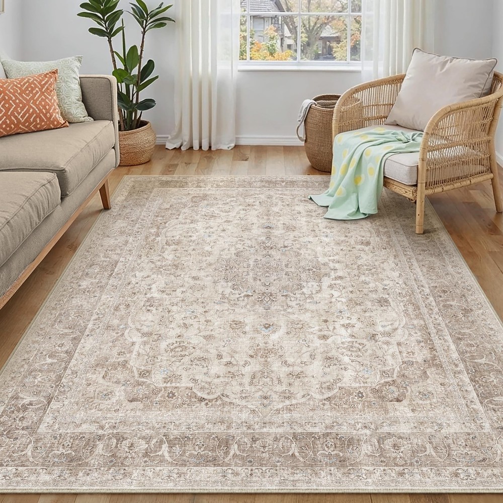 Beige Area Rug 4×5 Washable Office Entryway Vintage Carpet Low Pile Non Slip …