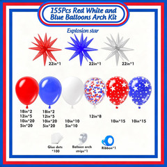 Red White and Blue Balloon Garland Arch Kit 155Pcs with Star, Different Size Red