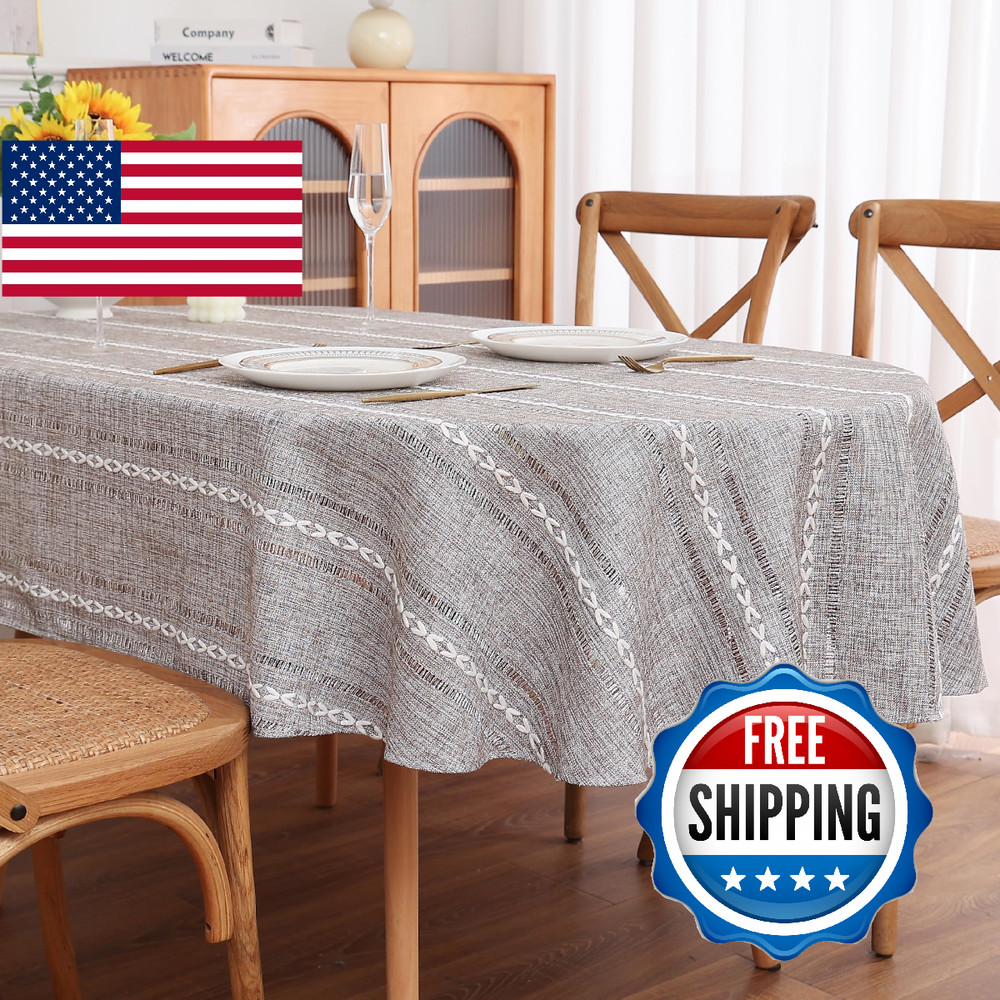 Gernaice Boho Striped Oval Tablecloth Linen Blend Embroidery 60×84 Inch
